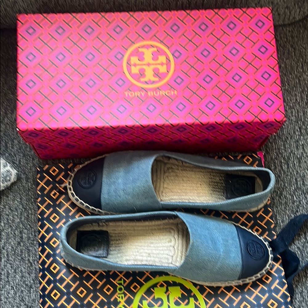 Tory Burch Denim Chambray Blue Espadrille Flats